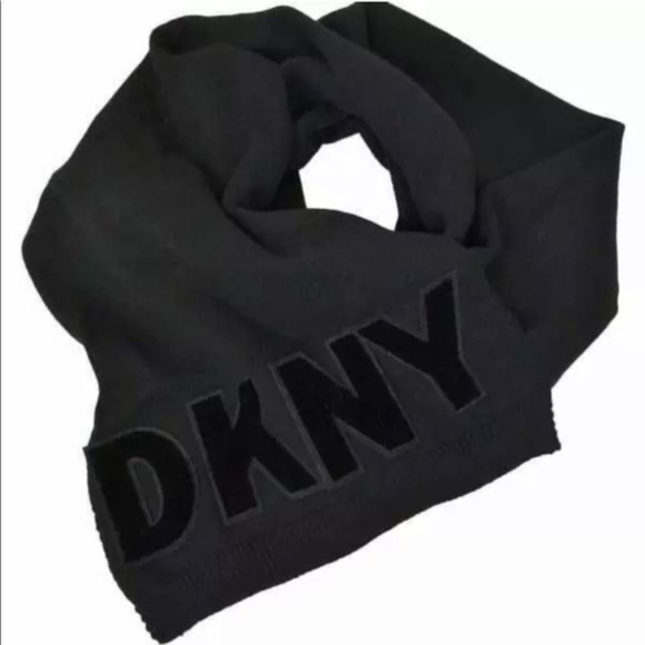 (NWT) DKNY Women's 2 Pc. Black Logo Velvet Flocked Flat Knit Scarf & Beanie Set - Picture 7 of 10